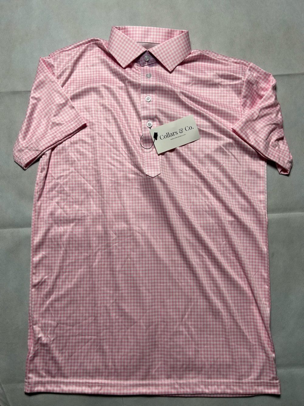 Collars & Co pink and white gingham performance polo size small NWT